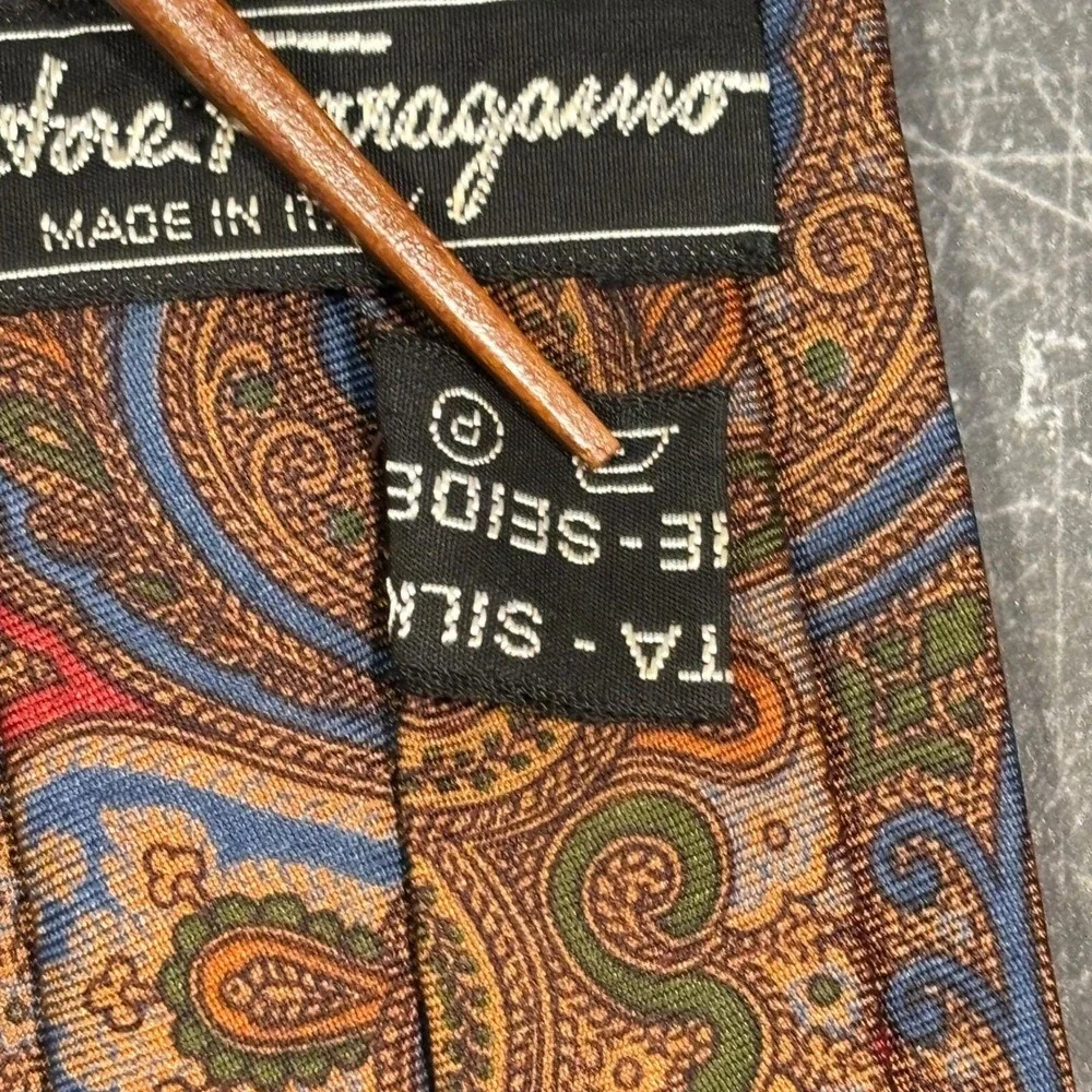 Vintage (80s) Salvatore Ferragamo Mens Tie | Red Blue Paisley Silk Made in Italy